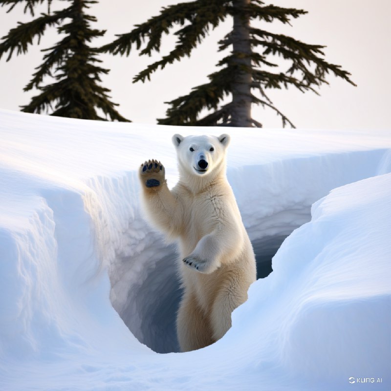 #Bing_Wallpaper一幅温馨的画面展现了顽皮的北极熊幼崽从雪白的巢穴中探出身来，周围是闪耀在柔和散射的北极日光下的洁白雪堆