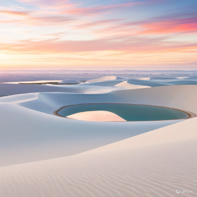 在色彩斑斓、波澜壮阔的落日余晖下，由平滑、洁白的沙丘和宁静、反光的泻湖组成的广袤而超现实的景观，展现出空灵之美和宁静之气