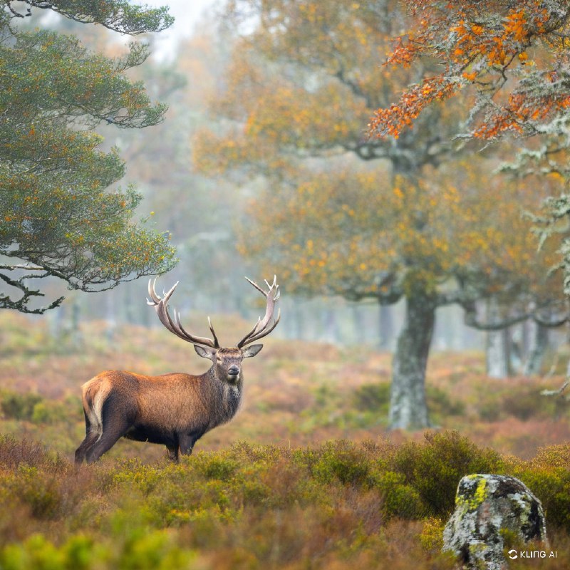 一只雄伟的红鹿伫立在苏格兰高地郁郁葱葱、雾气蒙蒙的森林中，周围是生机勃勃的秋叶和长满青苔的树木，捕捉到了大自然宁静而野性的美