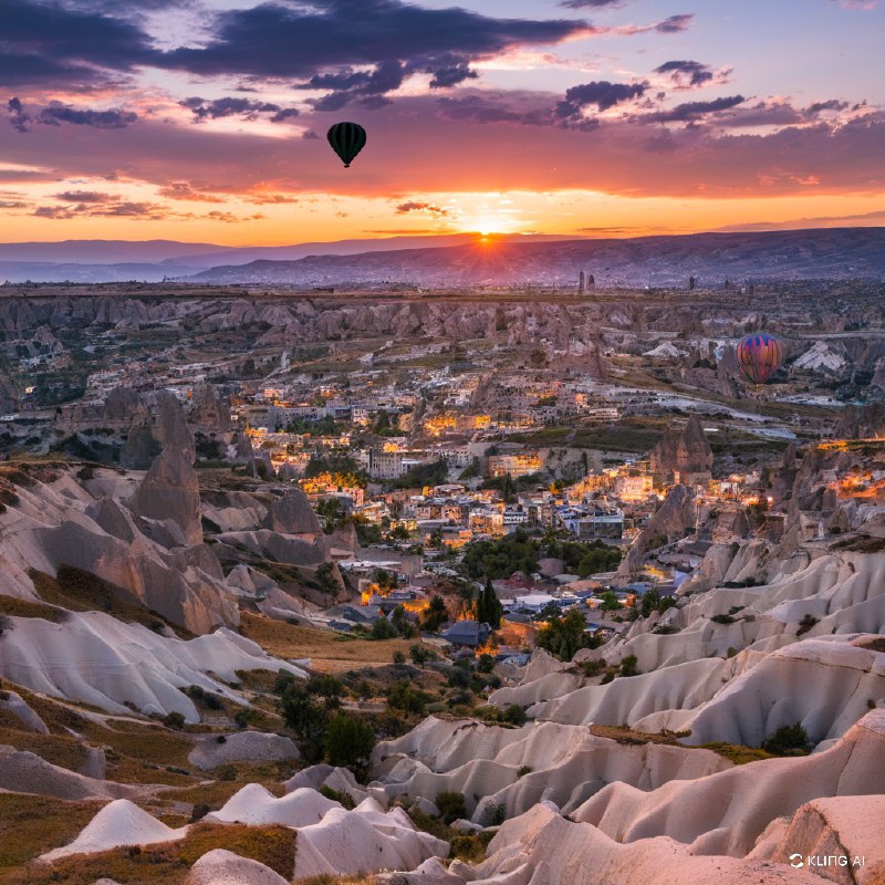 #Bing_Wallpaper"卡帕多西亚格雷梅国家公园在日落时分的迷人鸟瞰图，展现出独特的岩石地貌和阳光洒满山谷的宁静景色，被金色与紫色的光辉所沐浴