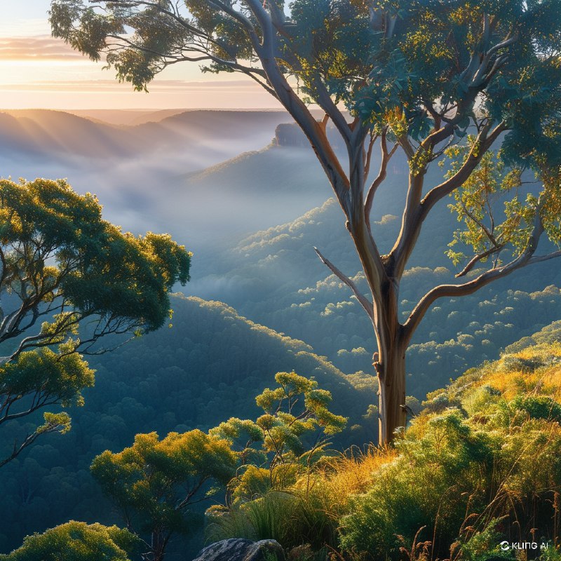 #Bing_Wallpaper"如梦似幻的桉树林笼罩在柔和的晨雾中，金色的阳光穿透薄薄的迷雾层，创造出迷人的光影交错效果，苍翠的绿叶冠覆盖在起伏的地形之上，散布于澳大利亚新南威尔士州蓝山国家公园的梅加隆谷辽阔的山谷中，呈现出一种宁静而超凡的氛围，树木纹理的复杂细节被生动捕捉，柔和的白色与大地色调和谐交融，构成电影般的超细致画面，灵感源自大气的风景摄影以及印象派自然画作