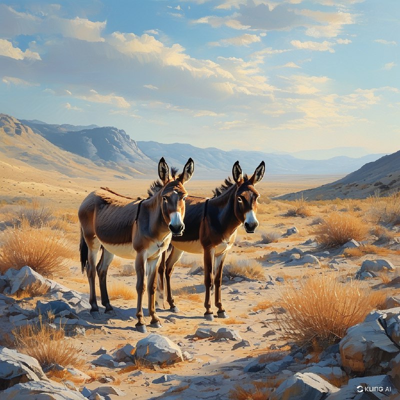 #Bing_Wallpaper在美国内华达州赖奥莱特附近一个阳光明媚的沙漠山谷中，两头野驴并肩而立