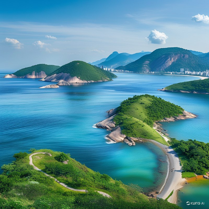 #Bing_Wallpaper自然奇观的蓝色魅力，巴西里约热内卢州的阿拉亚尔多卡博，广阔的海岸线与湛蓝的海水交汇，曲线优美的半岛环抱着明亮的海湾