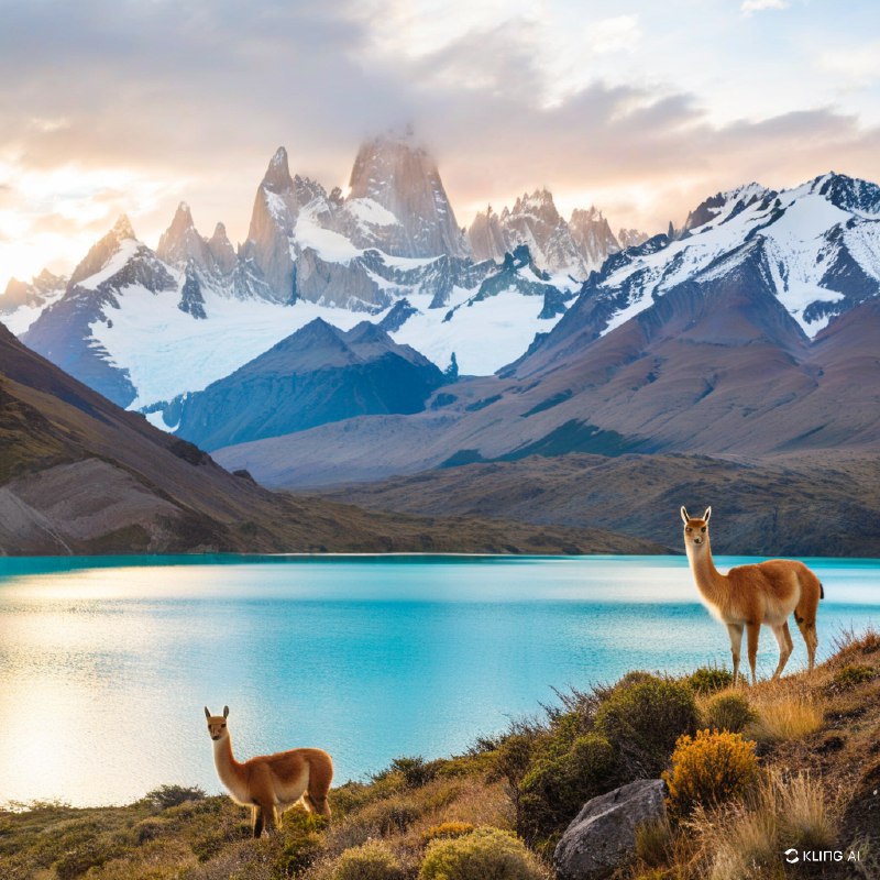 #Bing_Wallpaper"在智利托雷斯德尔潘恩国家公园日出时的壮丽全景，画面中有两只优雅的原驼栖息在草坪峭壁上