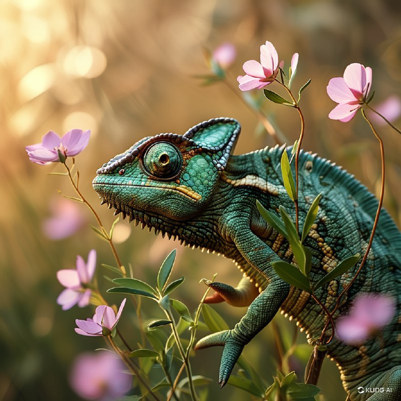 #Bing_Wallpaper“一只伪装成浅粉色野花草地的变色龙，巧妙地与周围环境融为一体，却又凭借其复杂的纹理图案在米色、橄榄绿和深棕色的不同色调中微微凸显出来