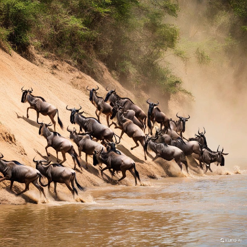 一群角马在迁徙途中跃入河中，空气中弥漫着泥土和灰尘，河岸郁郁葱葱，动态，非洲风景，生存，自然摄影