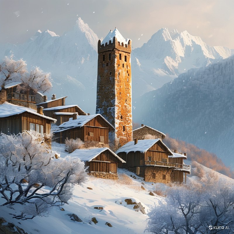 #Bing_Wallpaper“宁静的冬日景观捕捉了格鲁吉亚上斯瓦涅季梅斯蒂亚中世纪石塔的风采，覆盖着一层新雪