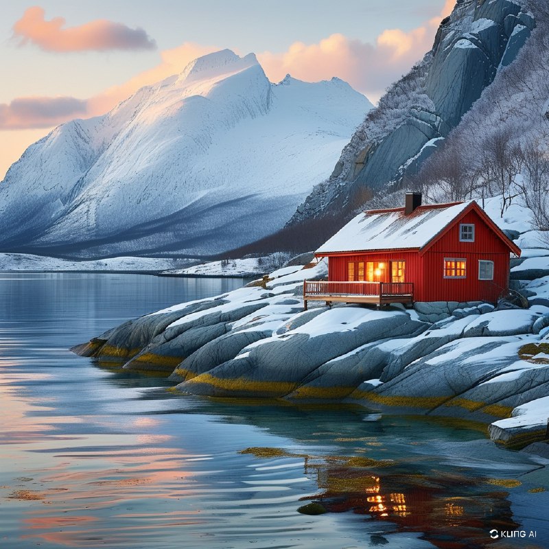 #Bing_Wallpaper鲜艳的红色渔民小屋坐落在挪威Reinefjord的岩石海岸上，背后是雪山覆盖的壮丽景色