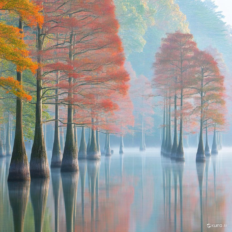 这是一幅宁静的秋景图，高大的柏树优雅地矗立在薄雾弥漫的湖面上，周围是红橙黄三色相间、生机勃勃的秋叶