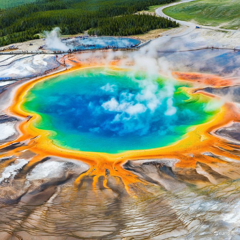 #Bing_Wallpaper密苏里州黄石国家公园的大棱镜泉空中美景，展示了其充满活力的地热之美