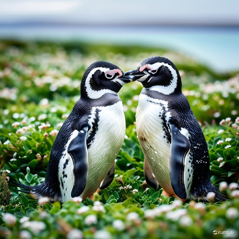 #Bing_Wallpaper两只麦哲伦企鹅并排站立，轻轻地用翅膀相扣，仿佛在温柔地拥抱着彼此