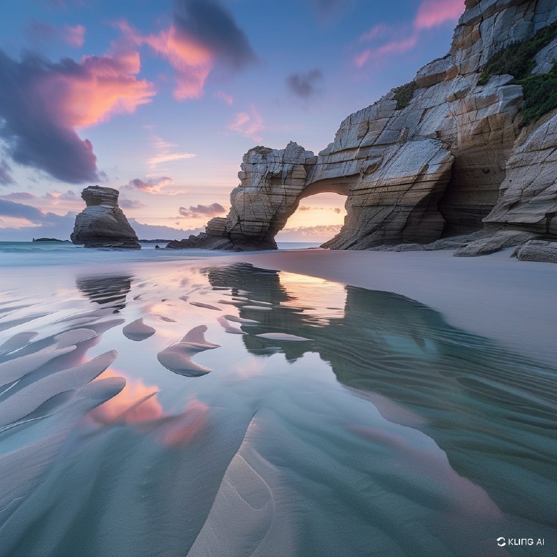 #Bing_Wallpaper新西兰瓦拉里基海滩壮丽的海岸景观，展示了从宁静的大海中冒出的高耸而饱经风霜的岩石地貌，其中一块岩石被时间雕刻出了一个天然的拱门