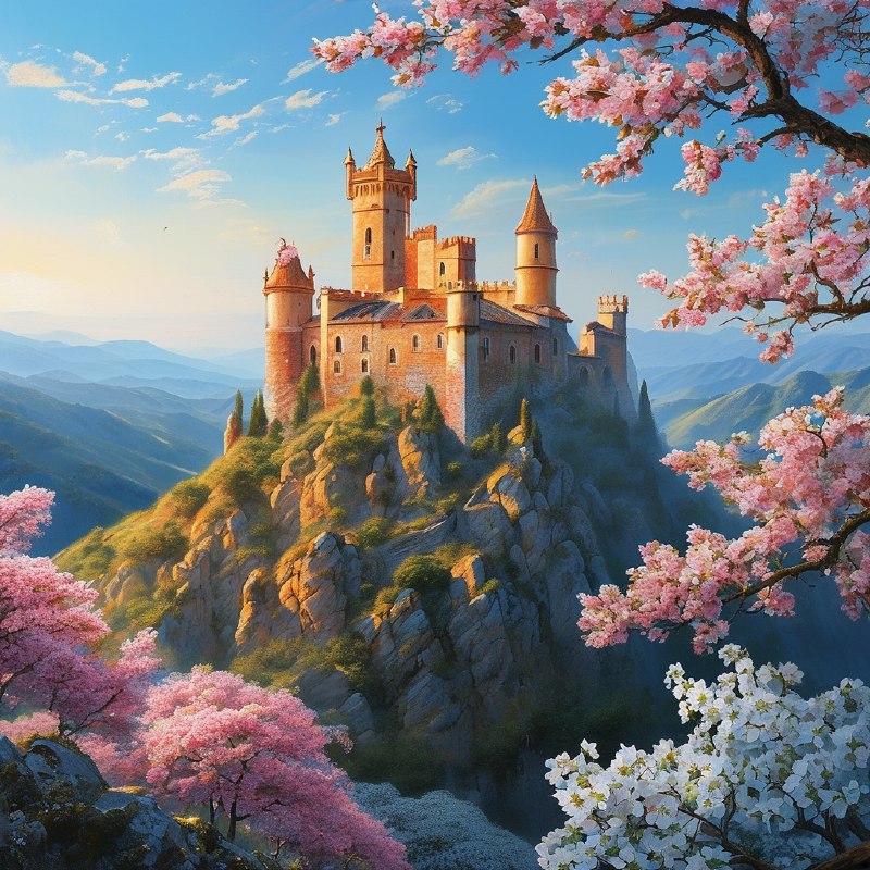 #Bing_Wallpaper“如梦似幻的西班牙城堡坐落在起伏的山丘之上，卡拉奥拉城堡由金红色的石材建成，在柔和的阳光下散发出温暖的光芒，周围是一片娇嫩盛开的粉白色樱花