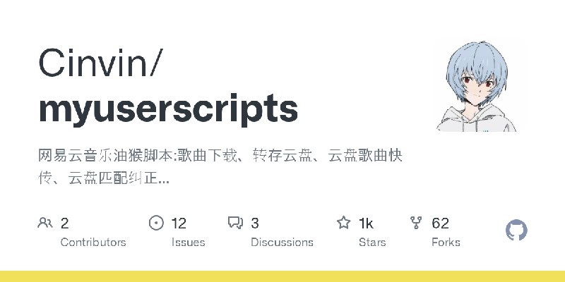 GitHub - Cinvin/myuserscripts: 网易云音乐油猴脚本:歌曲下载、转存云盘、云盘歌曲快传、云盘匹配纠正...