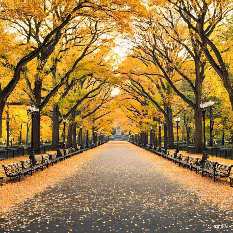 秋天的中央公园，绿树成荫，小径上铺满了金黄的落叶，两旁的长椅上坐满了人，气氛宁静而温馨