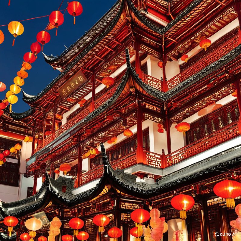 #Bing_Wallpaper上海豫园元宵灯会期间充满活力且喜庆的场景，背景是一片清朗的夜空