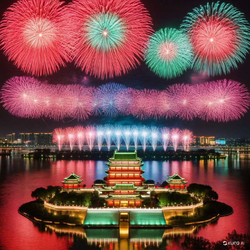 #Bing_Wallpaper"焰火盛宴点亮了湖南省长沙市夜空，耀眼的红、绿、蓝色光芒在空中绽放，生动地庆祝这一时刻