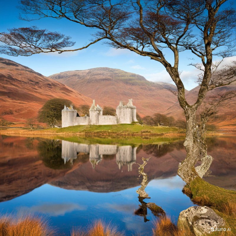 #Bing_Wallpaper古老的苏格兰城堡倒映在内斯湖平静的湖水中，座落于阿盖尔-比特郡境内