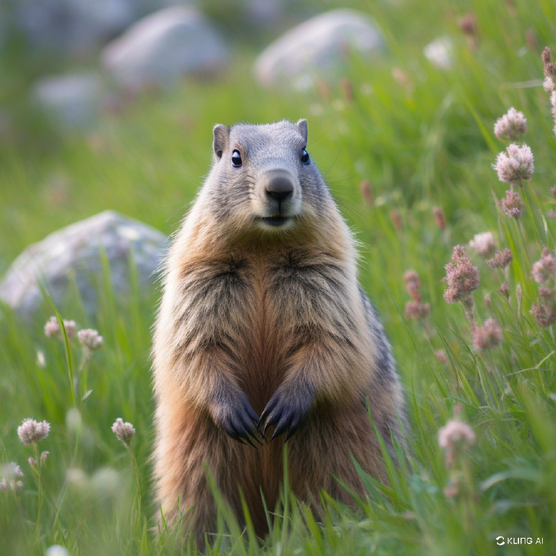 #Bing_Wallpaper一只好奇的年轻高山土拨鼠直立在一片郁郁葱葱的翠绿草地中，草地上点缀着野花和茂盛的高草，背景是柔和模糊的岩石露头和远处的绿色植被