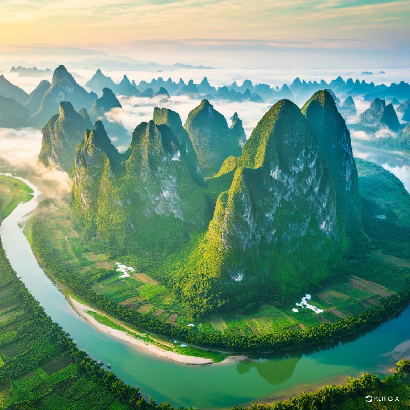 #Bing_Wallpaper沐浴在日出金色光辉中的壮丽喀斯特山峰，展现了中国桂林广西绿意盎然的绝美景观的震撼俯瞰图