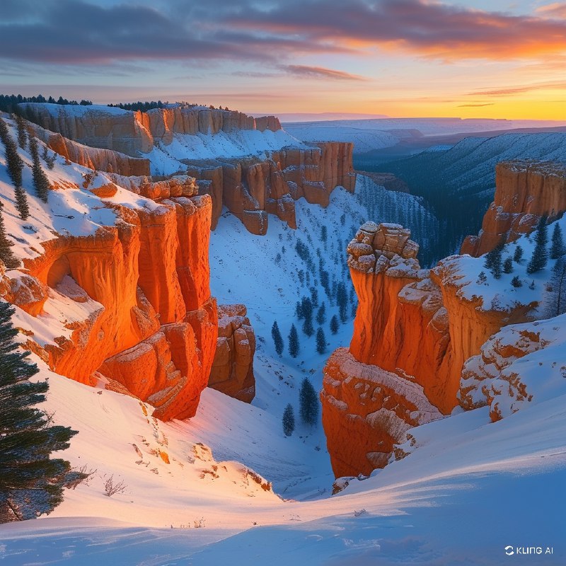 #Bing_Wallpaper雄伟的砂岩岩柱在犹他州布莱斯峡谷国家公园的洁白雪床上戏剧性地矗立，橙红色与火红色的石柱在日出或日落时的柔光下散发着金色的光辉