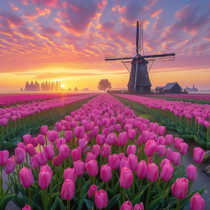 #Bing_Wallpaper“辽阔的田野上盛开着粉色和洋红色的郁金香，一望无际地延伸至地平线，在日出的晨曦下，天边呈现出绚烂多彩的光影——明亮的金黄与紫色交织在柔和的晨雾中