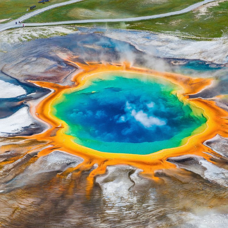 #Bing_Wallpaper密苏里州黄石国家公园的大棱镜泉空中美景，展示了其充满活力的地热之美