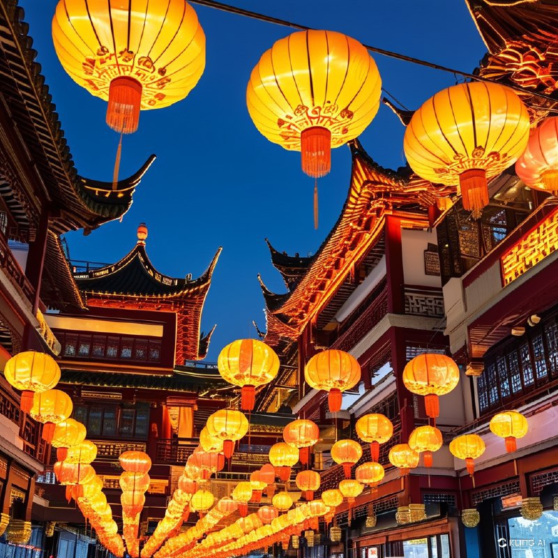 #Bing_Wallpaper上海豫园元宵灯会期间充满活力且喜庆的场景，背景是一片清朗的夜空