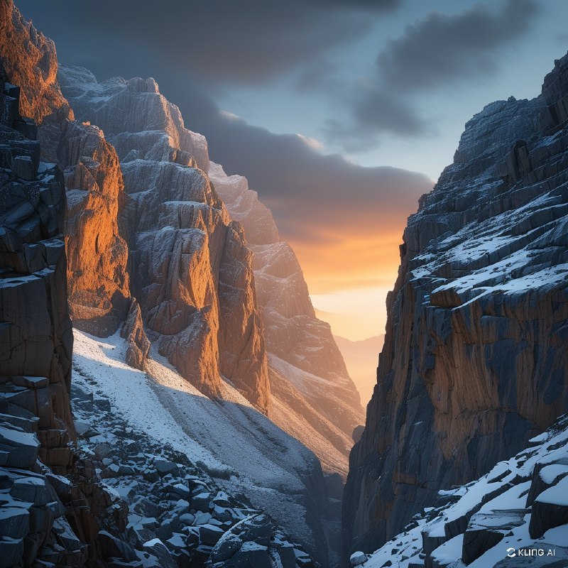 #Bing_Wallpaper黎明时分雄伟的山口，灵感来源于西班牙佩尔迪多山国家公园的罗兰多峡谷；崎岖的悬崖在日出第一缕光辉的照耀下呈现温暖的橙色色调，与寒冷的冰雪和覆盖霜冻的岩石坡面形成鲜明对比；戏剧性的天空融汇深蓝的柔和色调与微妙的灰色层次，营造出宁静却令人叹为观止的高山氛围；凹凸分明的石块、风化的岩壁以及闪耀的雪原呈现出高度细致的质感；电影感的构图，广角视野，缥缈的光线从高耸的悬崖间倾泻而下，唤起一种冒险精神和自然的宏伟之美