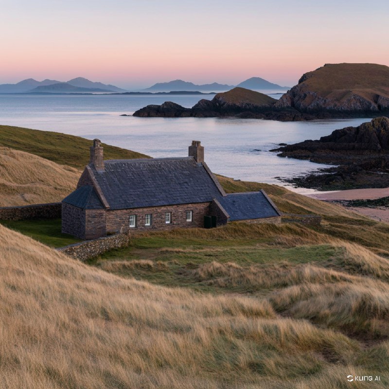 #Bing_Wallpaper"威尔士沿海的日出景象，一座古朴的石屋静静地坐落在金色随风摇曳的草丛中，屋顶覆有板岩，与兰德温岛（Llanddwyn Island）宁静的美景融为一体