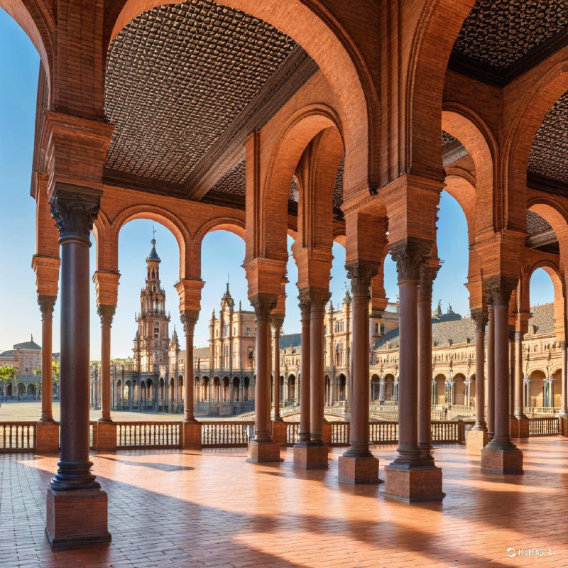 #Bing_Wallpaper受到西班牙塞维利亚西班牙广场启发的宏伟建筑场景，被重新构想为一个充满活力的外星行星——纳布星