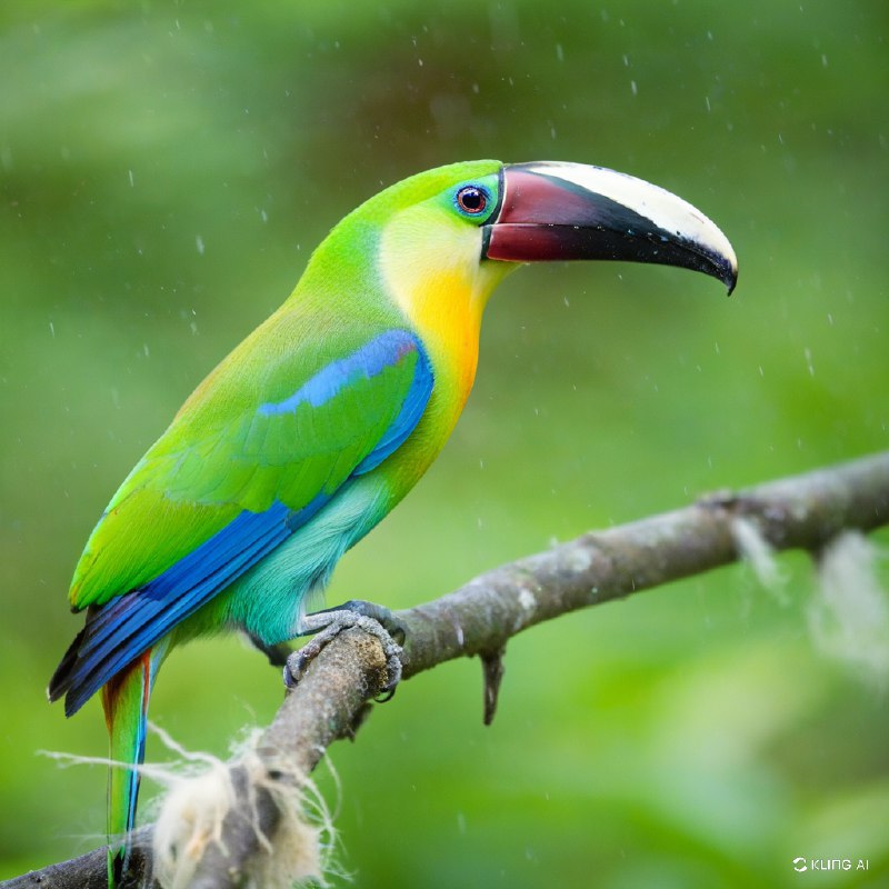 一只生机勃勃的蓝喉巨嘴鸟栖息在树枝上，羽毛呈鲜艳的绿色和蓝色，喙呈醒目的黑白相间，背景是哥斯达黎加洛斯克萨莱斯国家公园郁郁葱葱的森林，光线柔和而模糊