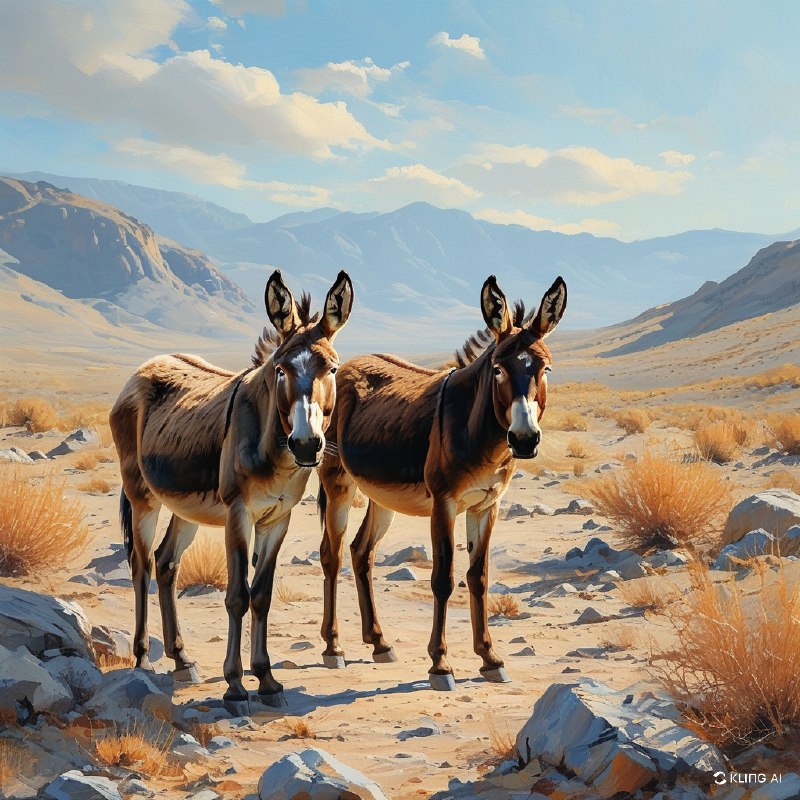 #Bing_Wallpaper在美国内华达州赖奥莱特附近一个阳光明媚的沙漠山谷中，两头野驴并肩而立