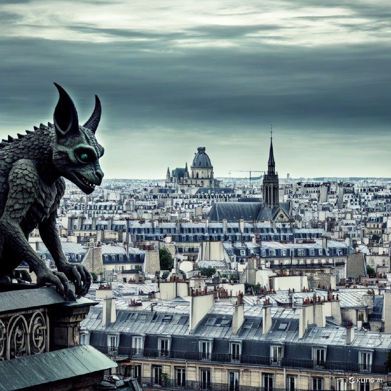 万圣节夜晚，一只阴冷不祥的石像鬼俯瞰着巴黎的屋顶，背景是巴黎圣母院大教堂