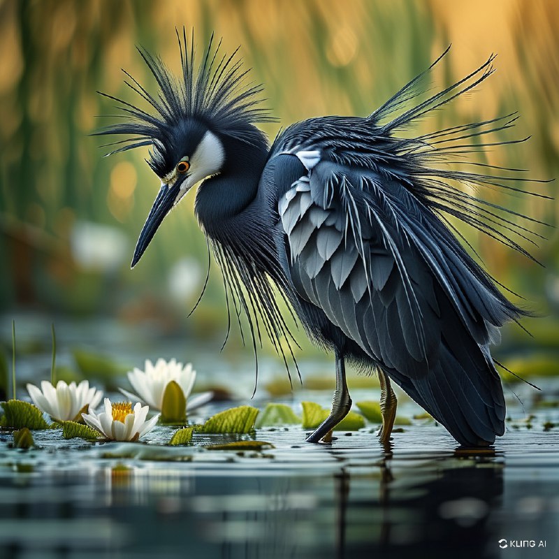 #Bing_Wallpaper一只黑鹭正在展示其标志性的“伞形觅食”技巧，深色的羽毛张开形成一个戏剧性的圆形伞状穹顶，几乎触及水面，营造出一种飘渺而富有层次感的拱形景观