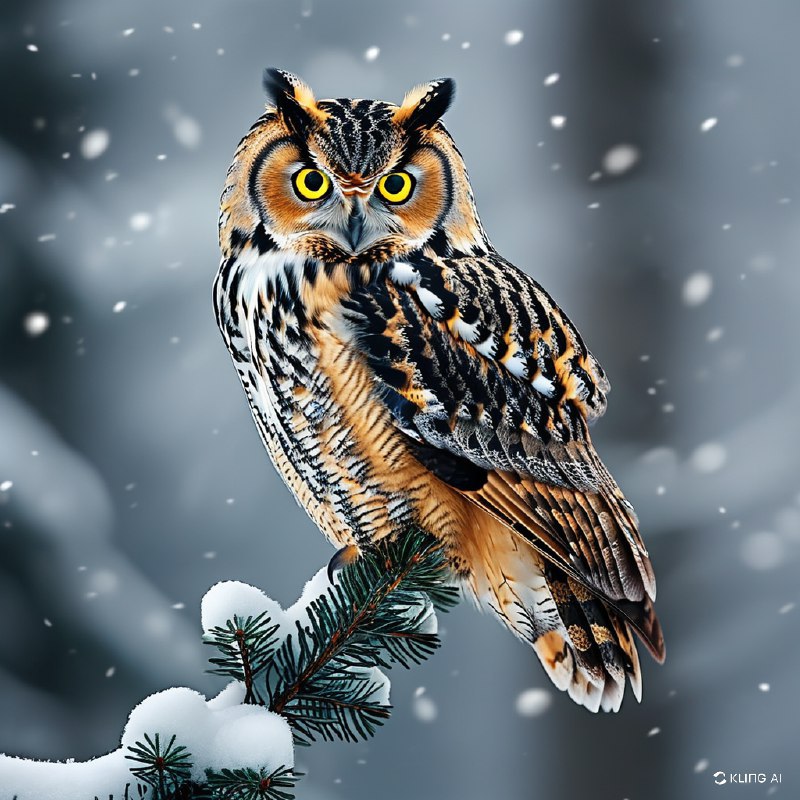 #Bing_Wallpaper"苍凉的北方雀鹰栖息在覆盖着薄雪的常绿树枝上，背景是一片柔和模糊的灰色冬季天空