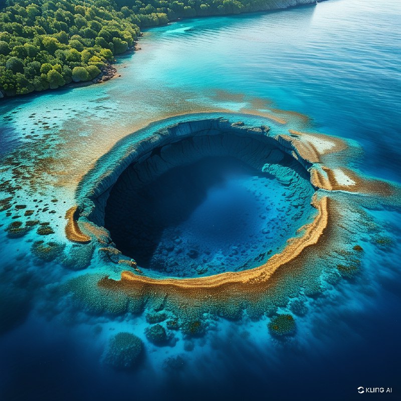 #Bing_Wallpaper“一幅令人叹为观止的俯瞰图展现了伯利兹的大蓝洞——一个巨大的水下天坑，被生机勃勃的珊瑚礁环绕