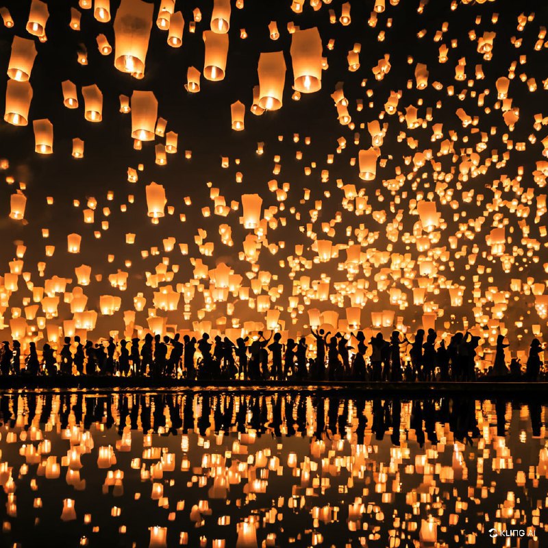 夜幕降临，数以千计的灯笼闪闪发光，照亮天空，映照在水面上，呈现出一派生机勃勃的节日景象