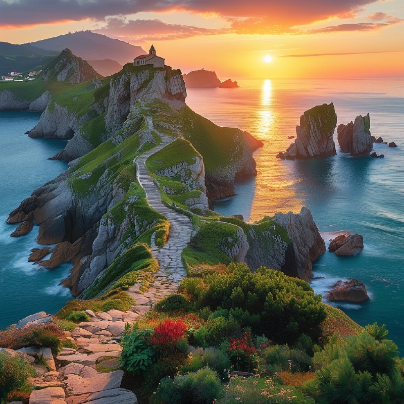 #Bing_Wallpaper在西班牙巴斯克地区，日落时分的加斯特卢加特谢岛展现出令人叹为观止的景色