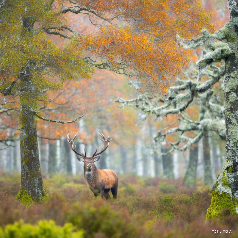 一只雄伟的红鹿伫立在苏格兰高地郁郁葱葱、雾气蒙蒙的森林中，周围是生机勃勃的秋叶和长满青苔的树木，捕捉到了大自然宁静而野性的美