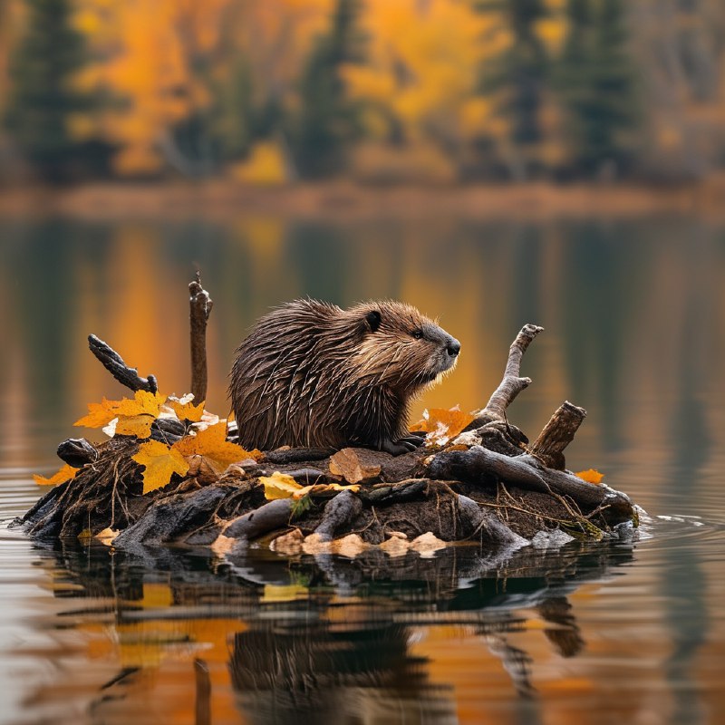 #Bing_Wallpaper“一个宁静的秋日景象，呈现出一只北美海狸静静地蹲坐在通过精心交织的树枝、细枝与泥土构筑的窝棚顶端，以怀俄明州莫兰的宁静湖泊为背景，湖面映射着季节性树叶带来的金橙色光辉