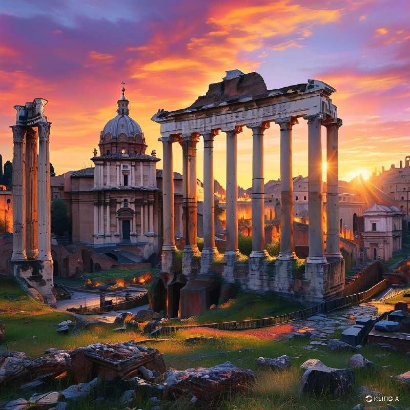 #Bing_Wallpaper“雄伟的罗马广场在日落时分展现出壮丽景象，宏伟的农神庙被古老的遗迹环绕，沐浴在温暖的金色和琥珀色光芒中