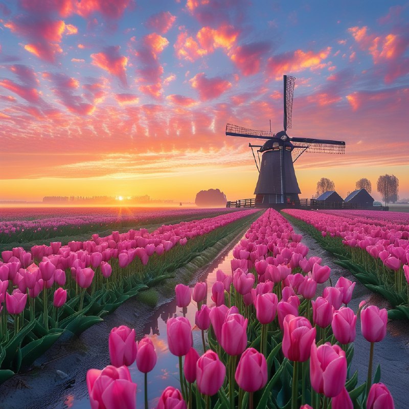 #Bing_Wallpaper“辽阔的田野上盛开着粉色和洋红色的郁金香，一望无际地延伸至地平线，在日出的晨曦下，天边呈现出绚烂多彩的光影——明亮的金黄与紫色交织在柔和的晨雾中