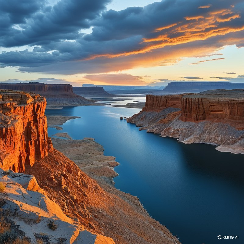 #Bing_Wallpaper"美国犹他州鲍威尔湖畔的阿尔斯特罗姆角，那辽阔而令人震撼的景致：金橙色的砂岩悬崖在夕阳的温暖光辉下熠熠生辉，长长的影子洒落在崎岖的地形上；湖水深沉宁静的湛蓝色与岩石炽烈的色调形成鲜明对比；远方的台地和平顶孤峰延绵至地平线，在天际下层次丰富的云层中展开，云朵呈现蓝、灰以及柔和桃色的交叠变化；悬崖上风化纹理与沉积层次的尖锐细节清晰可见；整个画面弥漫着一种静谧却雄伟的气息，唤起沉思与敬畏，描绘了一个具备高清晰度和现实感的电影级自然意境