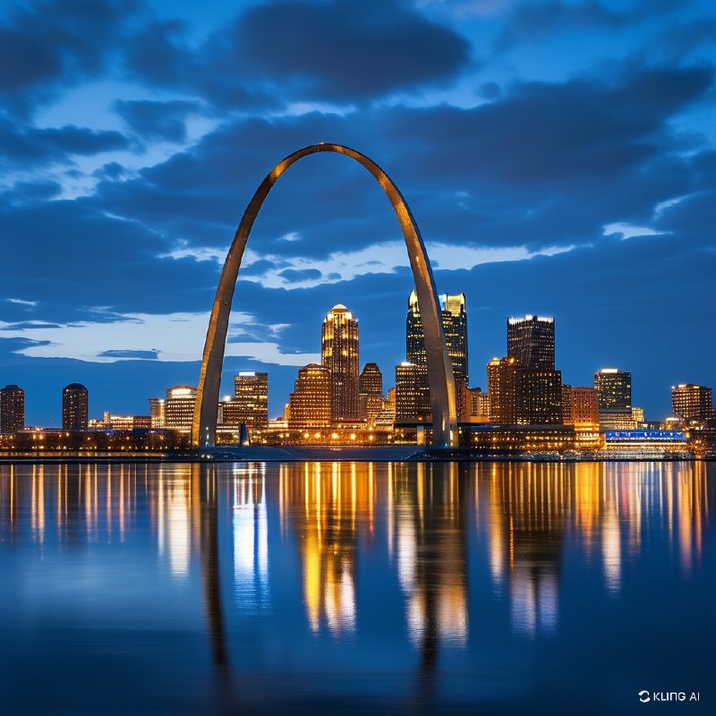 #Bing_Wallpaper“圣路易斯拱门在深邃的钴蓝色黄昏天空映衬下显得格外壮丽，周围环绕着光芒四射的城市景观