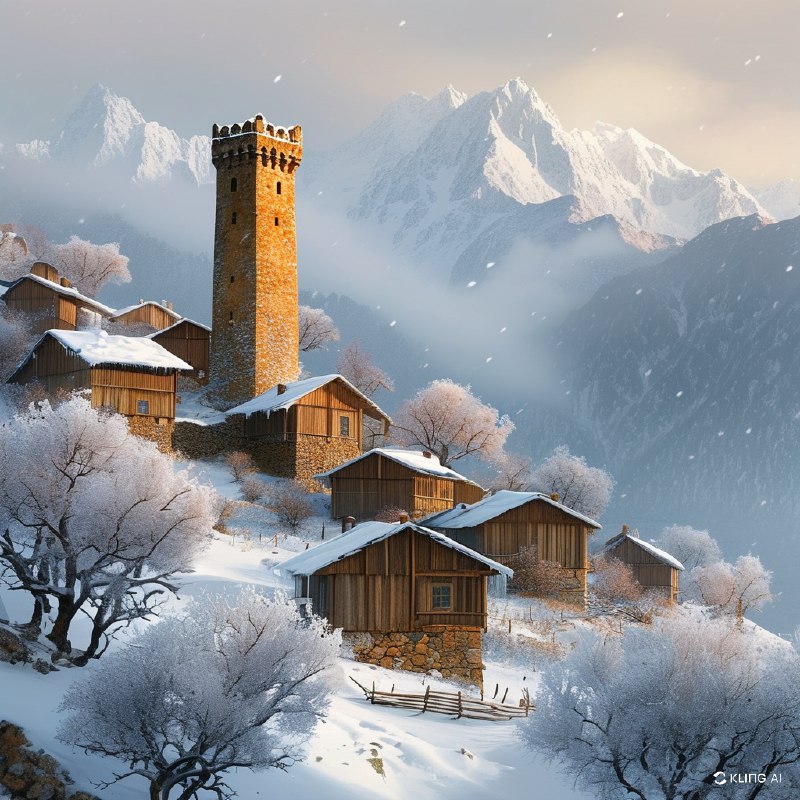 #Bing_Wallpaper“宁静的冬日景观捕捉了格鲁吉亚上斯瓦涅季梅斯蒂亚中世纪石塔的风采，覆盖着一层新雪