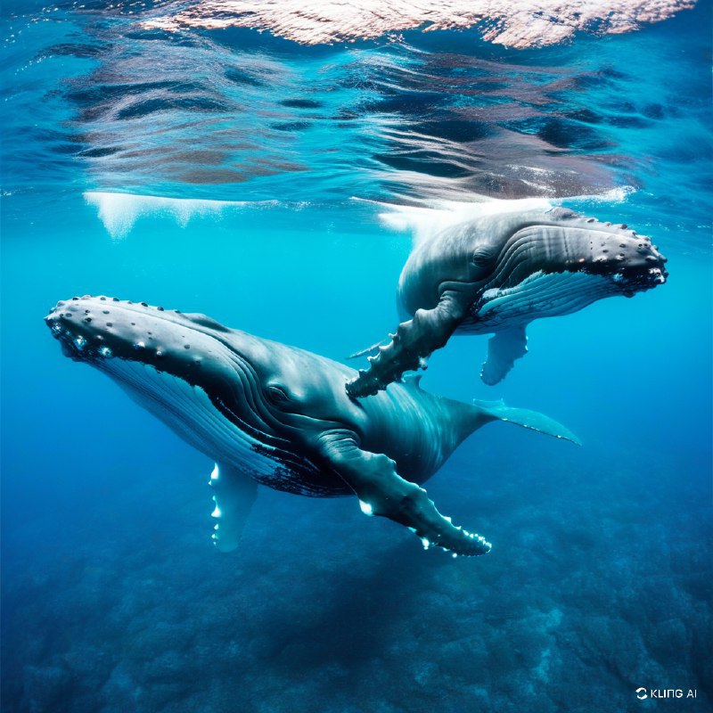 #Bing_Wallpaper在一幅超凡脱俗的水下场景中，一头庄严的座头鲸母亲与她活泼的小鲸鱼优雅地穿行于汤加附近清澈透亮的碧绿海水中
