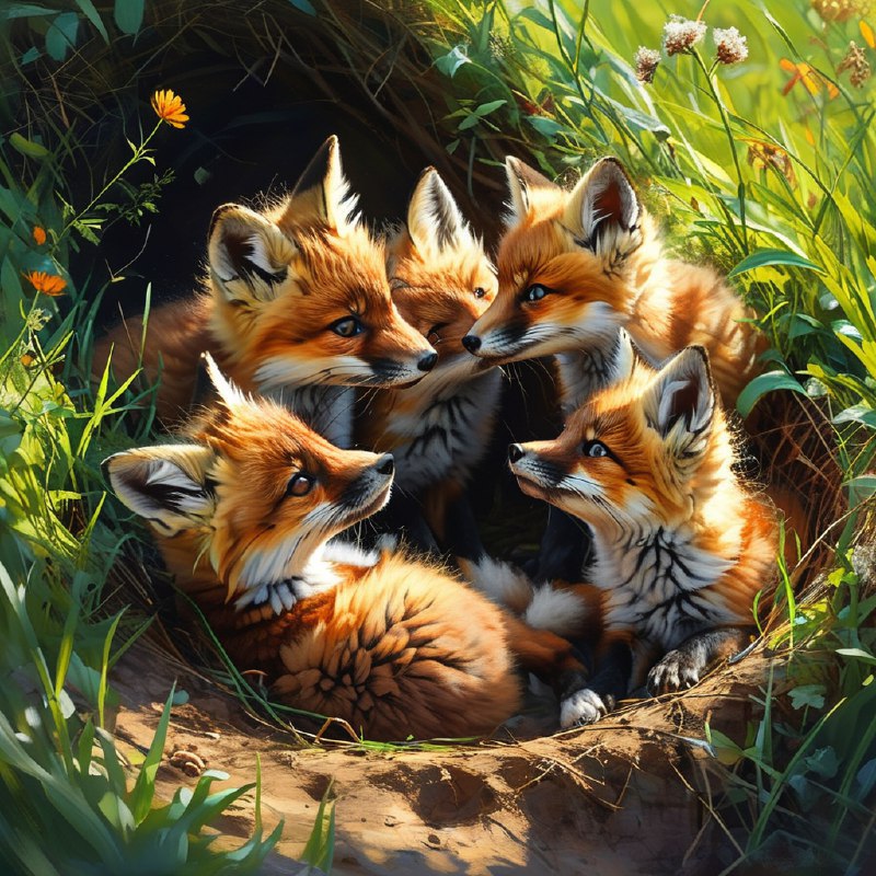 #Bing_Wallpaper一群顽皮的红狐狸幼崽在它们泥土色的巢穴附近嬉戏，周围环绕着茂密的青草和柔软的野生植物