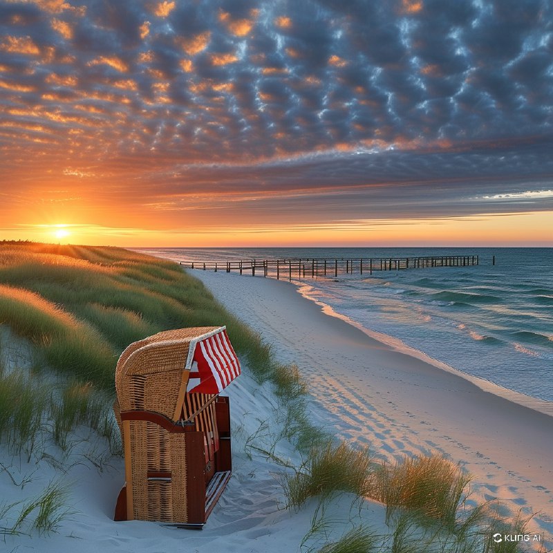 #Bing_Wallpaper波罗的海海滩日落的田园风光，展现了一排排传统的藤编沙滩椅，上方覆盖着红白条纹的顶篷，整齐地摆放在洁白无瑕的沙滩上