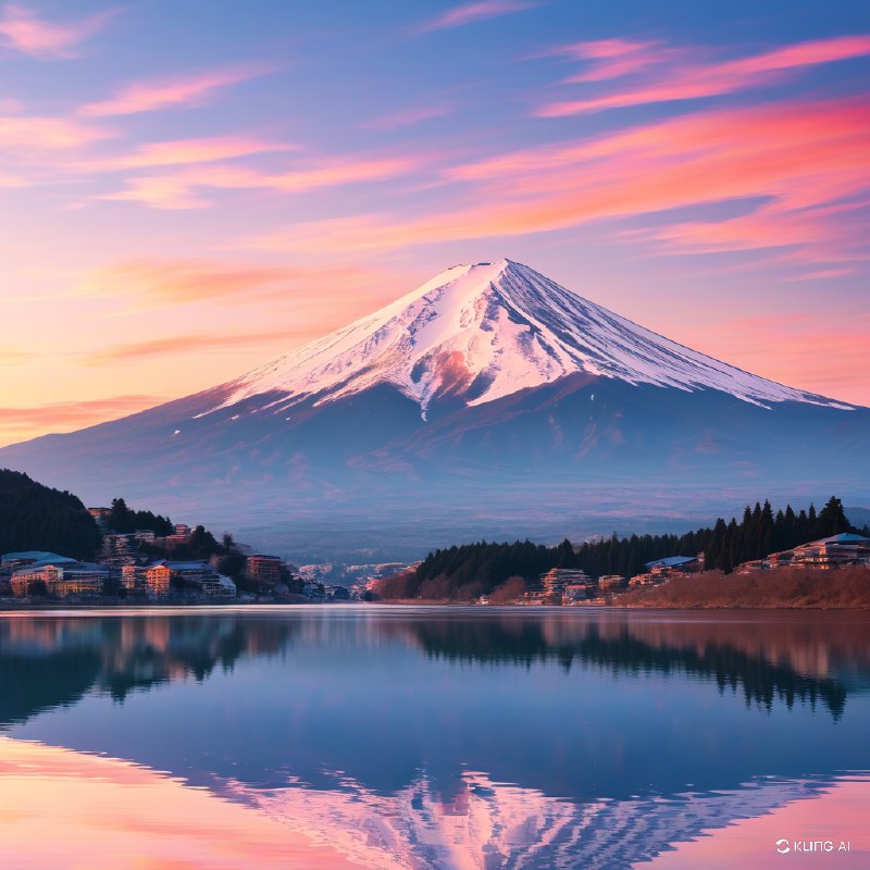 #Bing_Wallpaper旭日柔和的金色光芒洒在雄伟的富士山上，雪顶在温暖的光线中泛着光辉，完美地倒映在日本河口湖如镜的湖水中